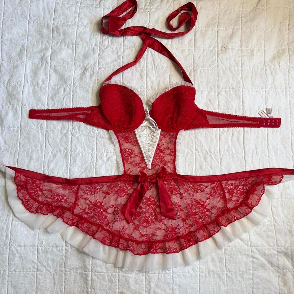Victorias Secret Red Coquette Lace Lingerie Dress Halter Backless Medium